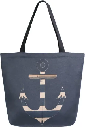 Stylish Extra Large Shoulder Grocery Tote Bag, Anchor in Stripe Blue Nautical Canvas Daily Handle Bag for Gym Weekender Beach Travel Kitchen Reusable Market Shopping