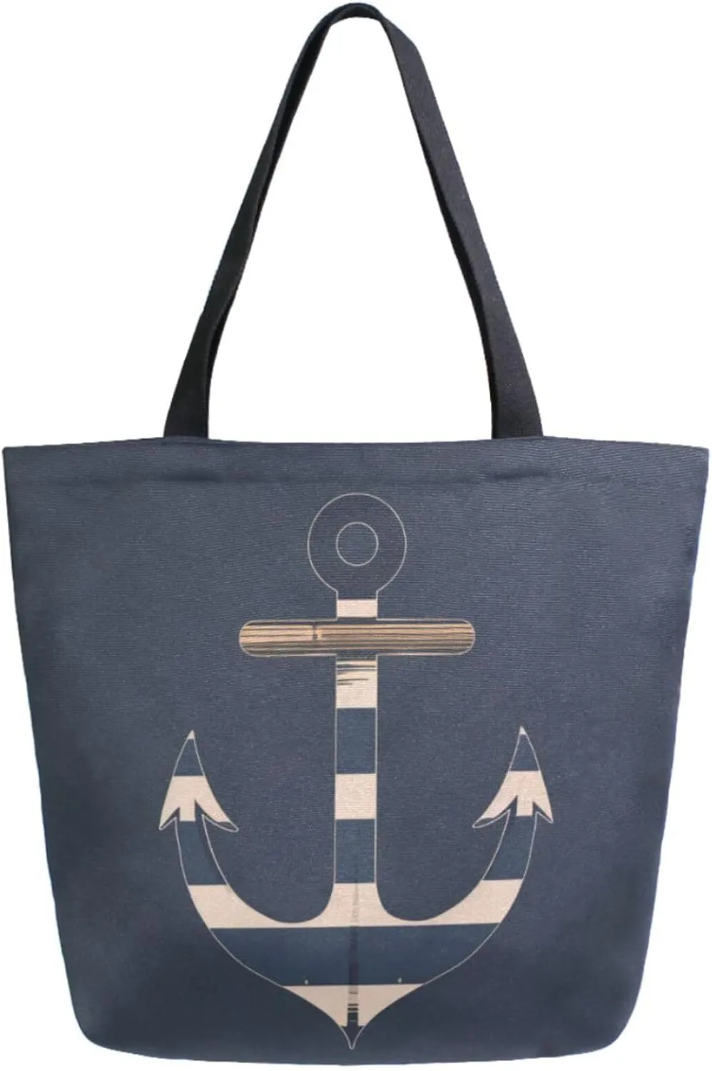 Stylish Extra Large Shoulder Grocery Tote Bag, Anchor in Stripe Blue Nautical Canvas Daily Handle Bag for Gym Weekender Beach Travel Kitchen Reusable Market Shopping