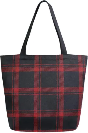 Stylish Extra Large Shoulder Grocery Tote Bag, Classical Black Red Checkered Pattern Canvas Daily Handle Bag for Gym Yoga Weekender Beach Travel Picnic Kitchen Reusable Market Shopping