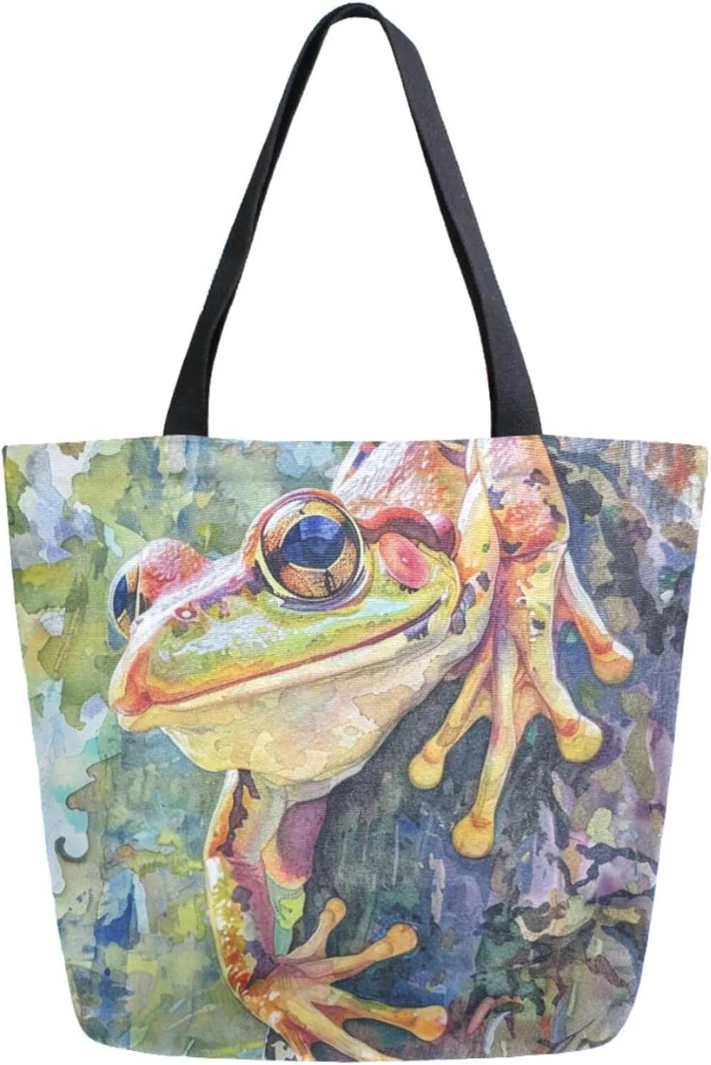 Stylish Extra Large Shoulder Grocery Tote Bag, Colors Frog on Branch Painting Canvas Daily Handle Bag for Gym Weekender Beach Travel Kitchen Reusable Market Shopping