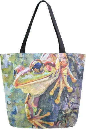 Stylish Extra Large Shoulder Grocery Tote Bag, Colors Frog on Branch Painting Canvas Daily Handle Bag for Gym Weekender Beach Travel Kitchen Reusable Market Shopping