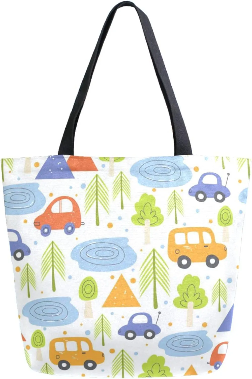 Stylish Extra Large Shoulder Grocery Tote Bag, Forest Capming Cars Trees Canvas Daily Handle Bag for Gym Yoga Weekender Beach Travel Picnic Kitchen Reusable Market Shopping