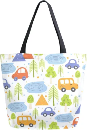 Stylish Extra Large Shoulder Grocery Tote Bag, Forest Capming Cars Trees Canvas Daily Handle Bag for Gym Yoga Weekender Beach Travel Picnic Kitchen Reusable Market Shopping