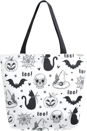 Stylish Extra Large Shoulder Grocery Tote Bag, Halloween Black White Cats Bats Boo Skulls Canvas Daily Handle Bag for Gym Yoga Weekender Beach Travel Picnic Kitchen Reusable Market Shopping