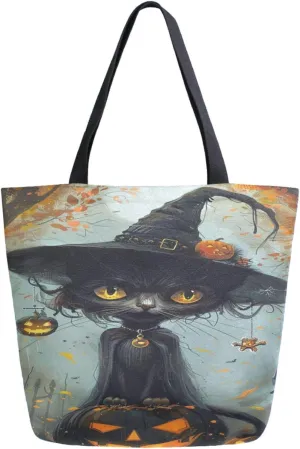Stylish Extra Large Shoulder Grocery Tote Bag, Halloween Graveyard Witch Cat Pumpkin Canvas Daily Handle Bag for Gym Weekender Beach Travel Kitchen Reusable Market Shopping