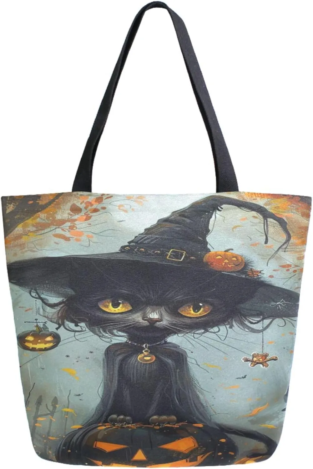 Stylish Extra Large Shoulder Grocery Tote Bag, Halloween Graveyard Witch Cat Pumpkin Canvas Daily Handle Bag for Gym Weekender Beach Travel Kitchen Reusable Market Shopping