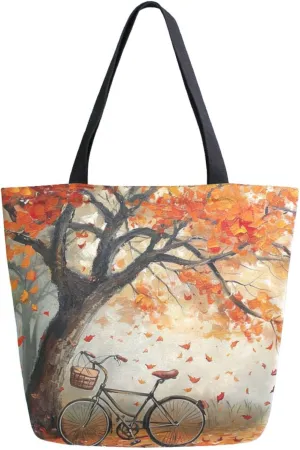 Stylish Extra Large Shoulder Grocery Tote Bag, Painting Autumn Forest Tree and Bicycle Canvas Daily Handle Bag for Gym Weekender Beach Travel Kitchen Reusable Market Shopping