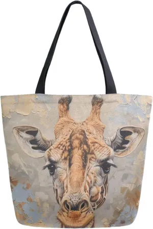 Stylish Extra Large Shoulder Grocery Tote Bag, Painting Giraffe Canvas Daily Handle Bag for Gym Weekender Beach Travel Kitchen Reusable Market Shopping