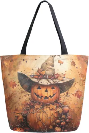 Stylish Extra Large Shoulder Grocery Tote Bag, Pumpkin Witch Autumn Leaves Halloween Canvas Daily Handle Bag for Gym Weekender Beach Travel Kitchen Reusable Market Shopping