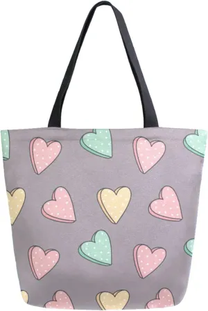 Stylish Extra Large Shoulder Grocery Tote Bag, Romantic Hearts Valentines Day Canvas Daily Handle Bag for Gym Yoga Weekender Beach Travel Picnic Kitchen Reusable Market Shopping