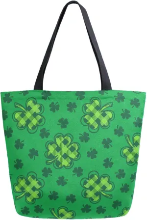 Stylish Extra Large Shoulder Grocery Tote Bag, Shamrocks Pattern Green St Patrick Day Canvas Daily Handle Bag for Gym Yoga Weekender Beach Travel Picnic Kitchen Reusable Market Shopping
