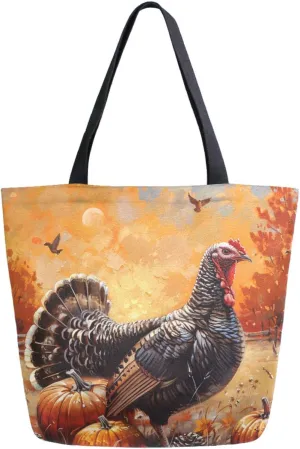 Stylish Extra Large Shoulder Grocery Tote Bag, Thanksgiving Day Retro Turkey Pumpkins Canvas Daily Handle Bag for Gym Weekender Beach Travel Kitchen Reusable Market Shopping