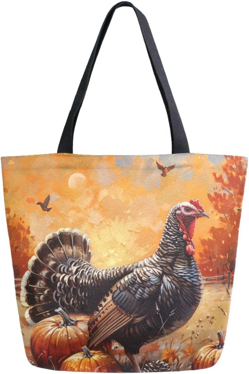 Stylish Extra Large Shoulder Grocery Tote Bag, Thanksgiving Day Retro Turkey Pumpkins Canvas Daily Handle Bag for Gym Weekender Beach Travel Kitchen Reusable Market Shopping