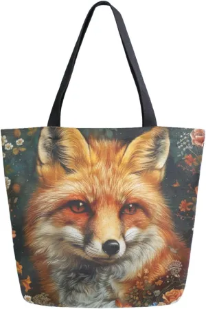Stylish Extra Large Shoulder Grocery Tote Bag, Vintage Flowers Red Fox Retro Canvas Daily Handle Bag for Gym Weekender Beach Travel Kitchen Reusable Market Shopping
