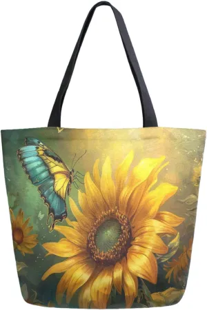 Stylish Extra Large Shoulder Grocery Tote Bag, Yellow Sunflowers Art Butterfly Painting Canvas Daily Handle Bag for Gym Weekender Beach Travel Kitchen Reusable Market Shopping