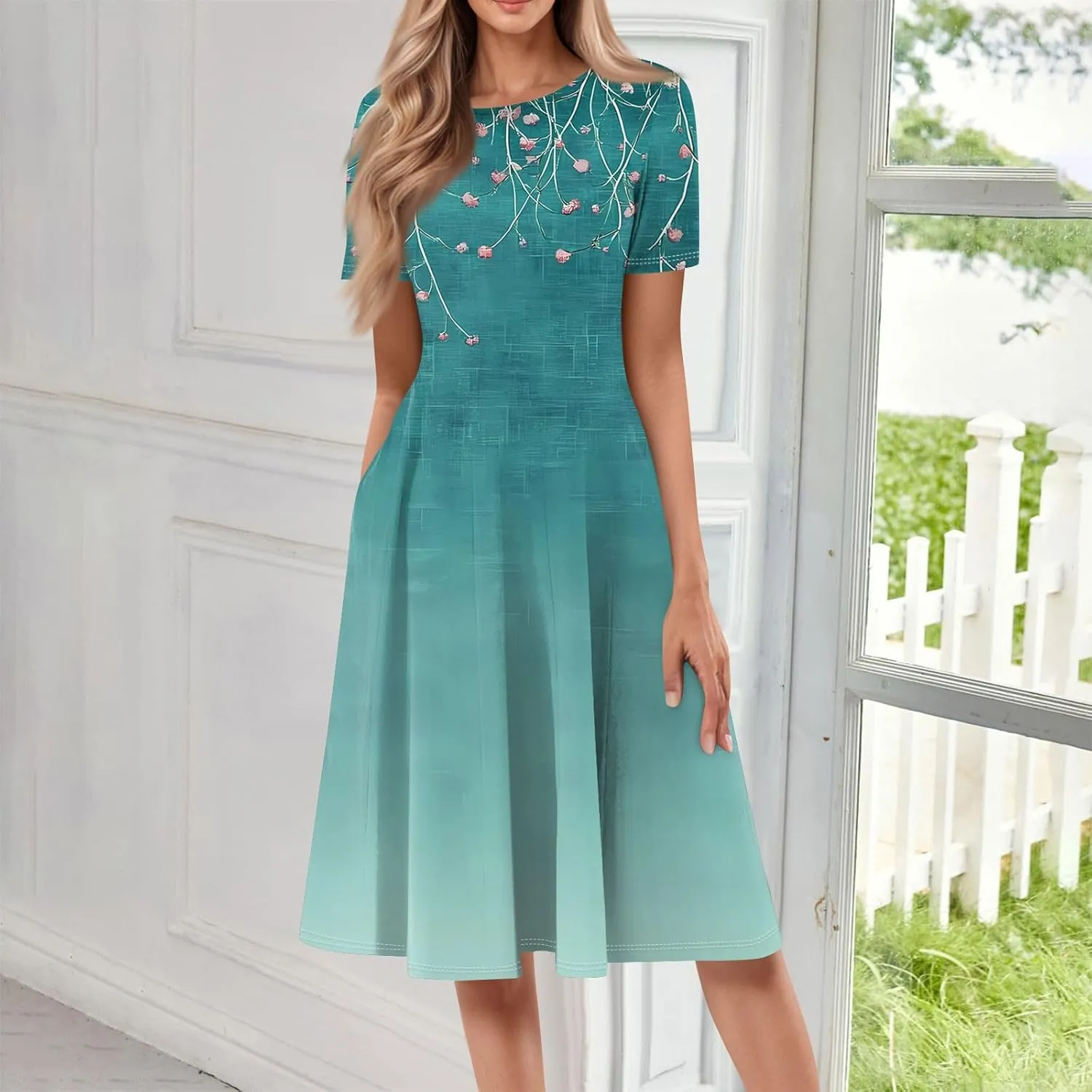 Summer Dresses for Women 2025 Crew Neck Short Sleeve Boho Beach Vacation Floral/Solid Midi Sundresses with Pockets
