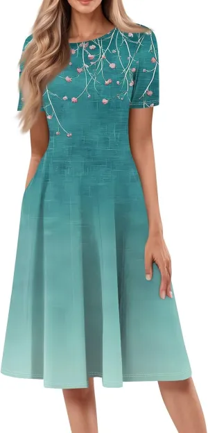 Summer Dresses for Women 2025 Crew Neck Short Sleeve Boho Beach Vacation Floral/Solid Midi Sundresses with Pockets