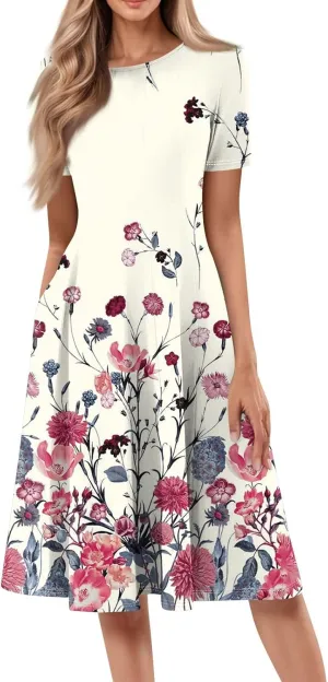 Summer Dresses for Women 2025 Crew Neck Short Sleeve Boho Beach Vacation Floral/Solid Midi Sundresses with Pockets