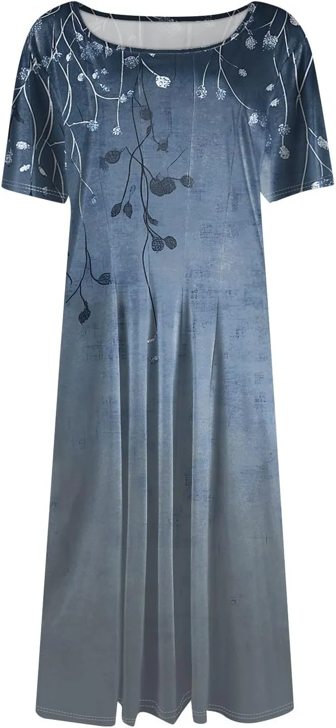 Summer Dresses for Women 2025 Crew Neck Short Sleeve Boho Beach Vacation Floral/Solid Midi Sundresses with Pockets