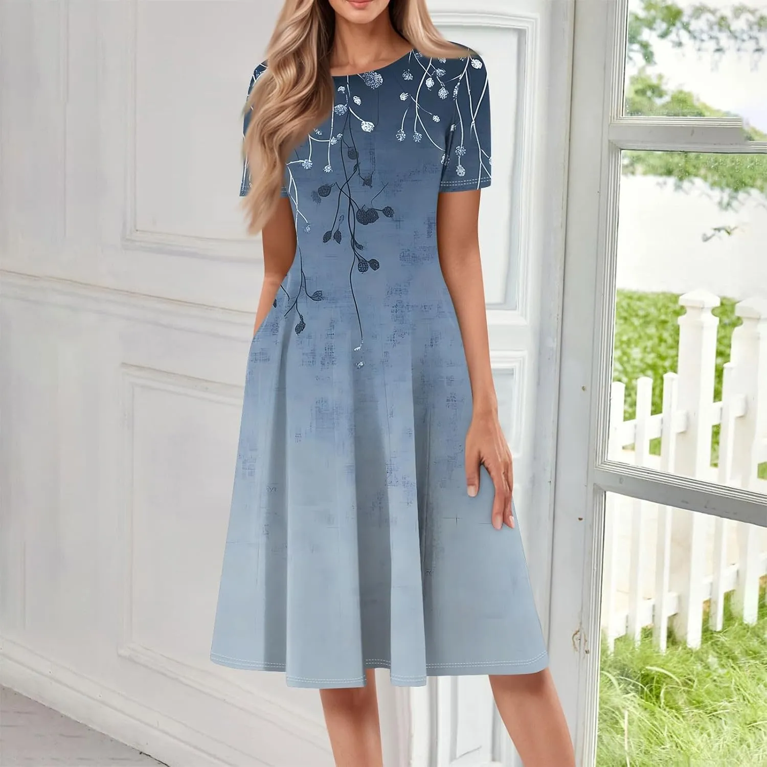 Summer Dresses for Women 2025 Crew Neck Short Sleeve Boho Beach Vacation Floral/Solid Midi Sundresses with Pockets