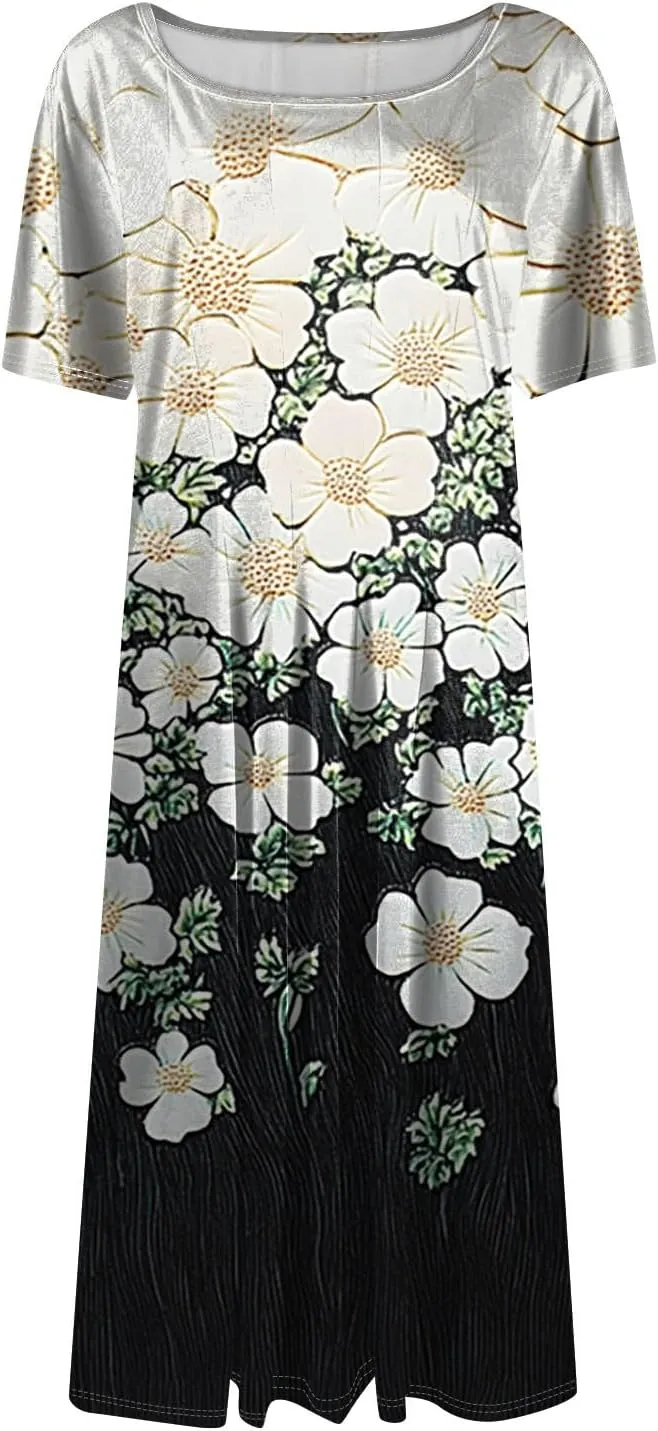 Summer Dresses for Women 2025 Crew Neck Short Sleeve Boho Beach Vacation Floral/Solid Midi Sundresses with Pockets