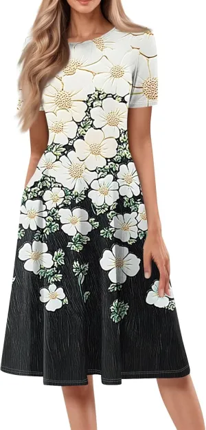 Summer Dresses for Women 2025 Crew Neck Short Sleeve Boho Beach Vacation Floral/Solid Midi Sundresses with Pockets