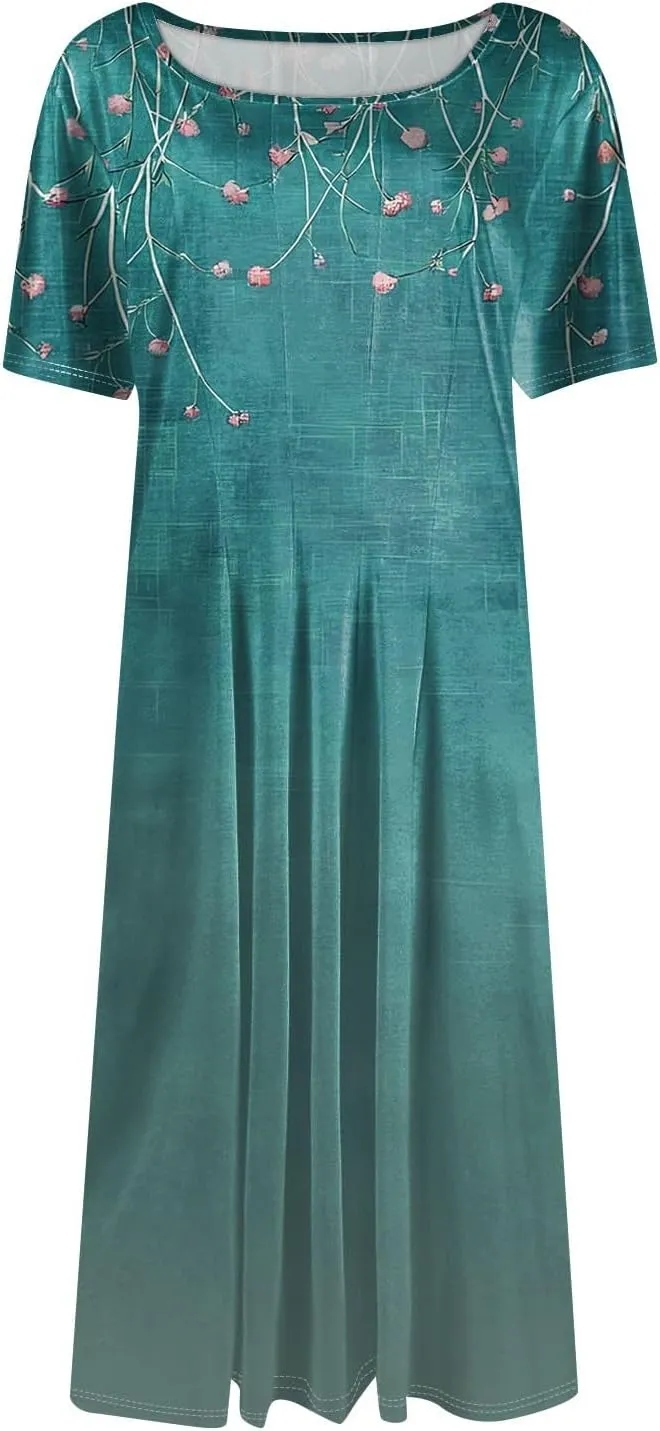 Summer Dresses for Women 2025 Crew Neck Short Sleeve Boho Beach Vacation Floral/Solid Midi Sundresses with Pockets