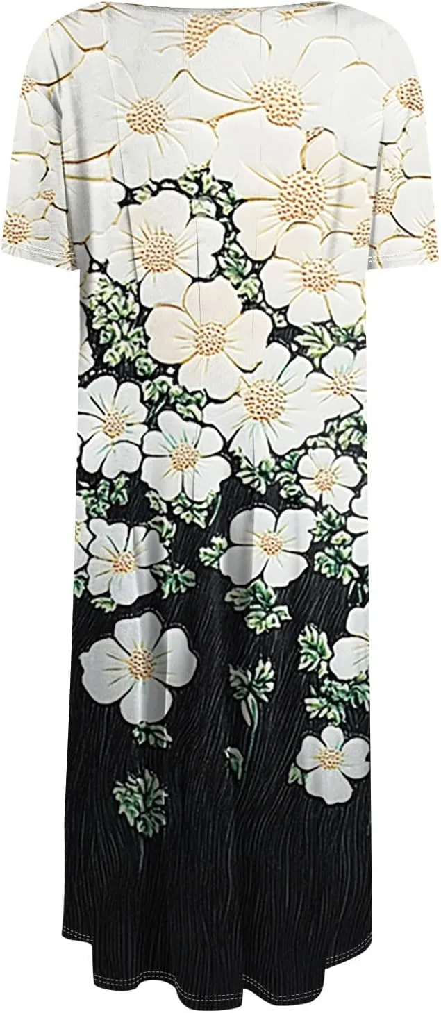 Summer Dresses for Women 2025 Crew Neck Short Sleeve Boho Beach Vacation Floral/Solid Midi Sundresses with Pockets