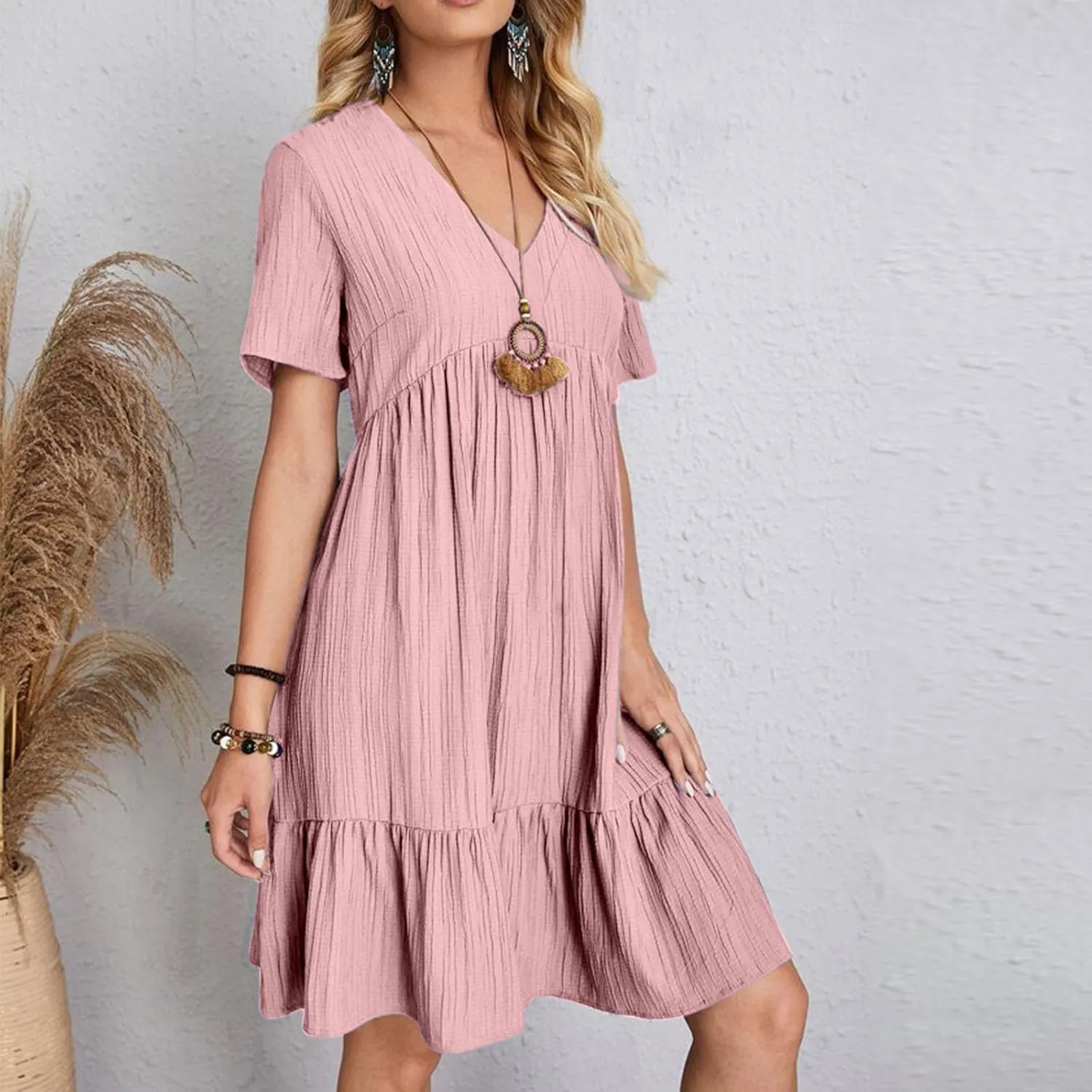 Summer Dresses for Women Short Sleeve V Neck Vacation T Shirt Dress Ruffle Pleated Flowy Beach Sundresses