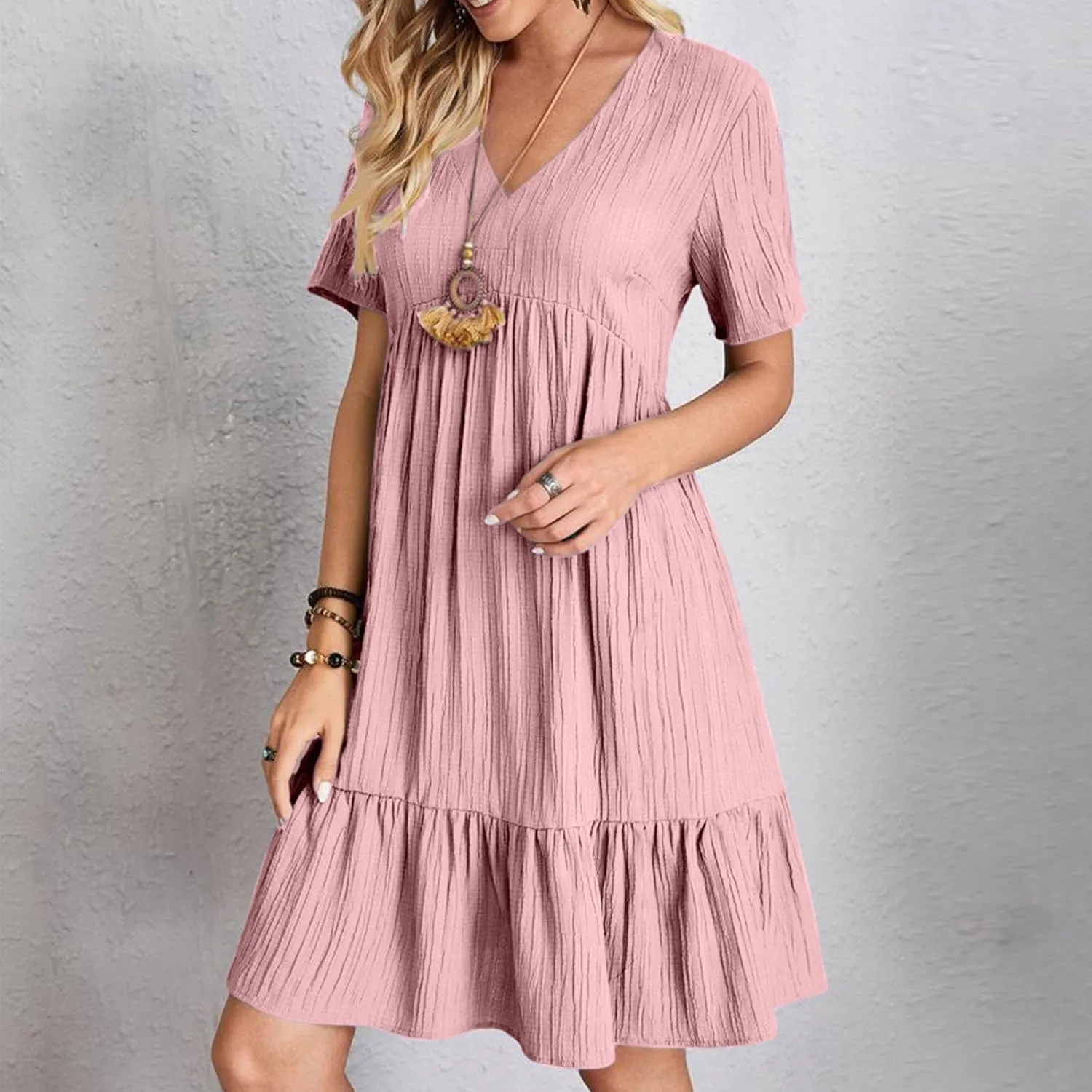 Summer Dresses for Women Short Sleeve V Neck Vacation T Shirt Dress Ruffle Pleated Flowy Beach Sundresses