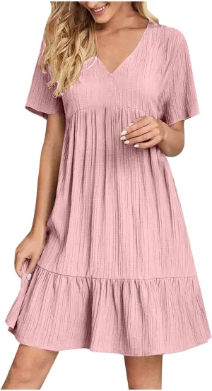 Summer Dresses for Women Short Sleeve V Neck Vacation T Shirt Dress Ruffle Pleated Flowy Beach Sundresses