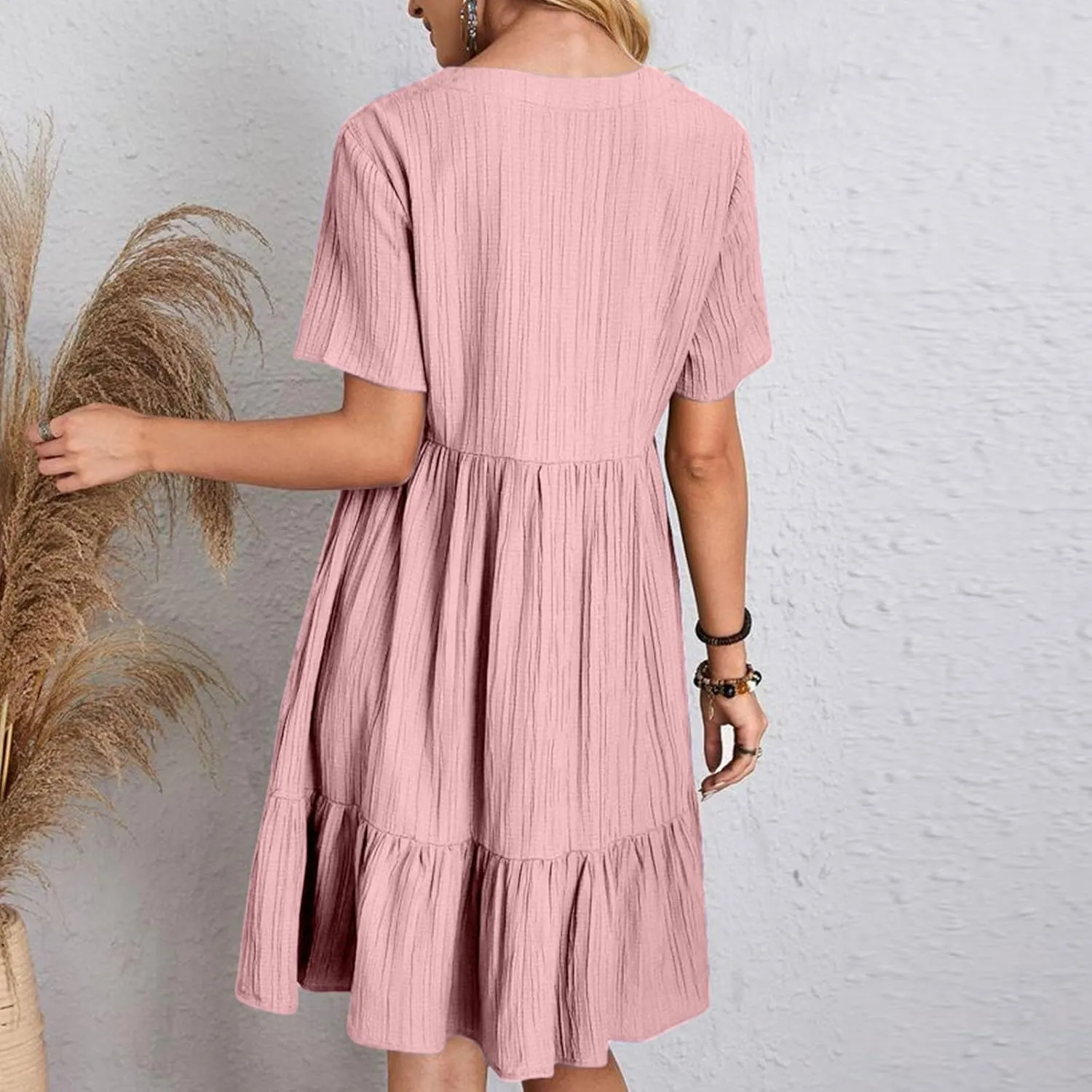 Summer Dresses for Women Short Sleeve V Neck Vacation T Shirt Dress Ruffle Pleated Flowy Beach Sundresses