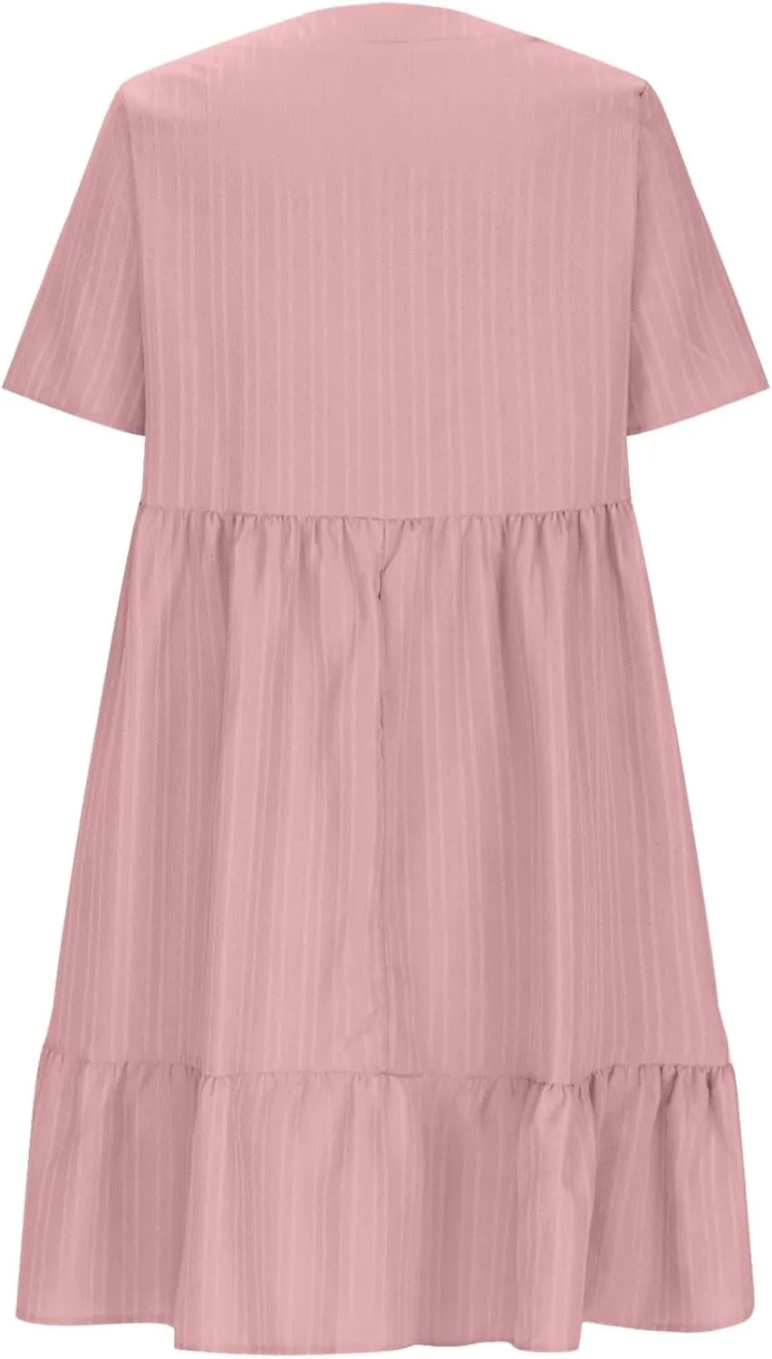 Summer Dresses for Women Short Sleeve V Neck Vacation T Shirt Dress Ruffle Pleated Flowy Beach Sundresses