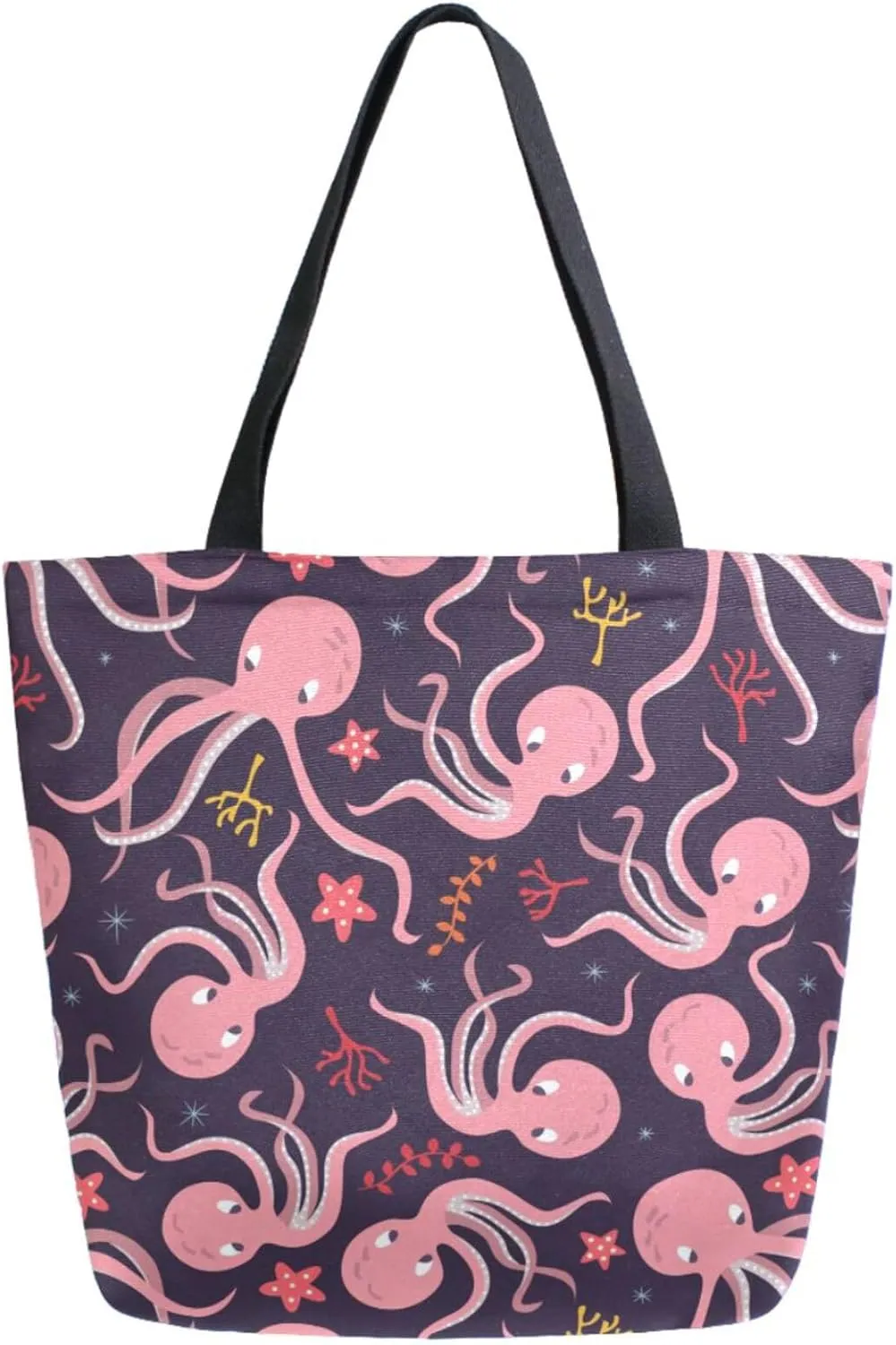 Trendy Extra Large Shoulder Grocery Tote Bag, Cartoon Sea Red Octopus Starfish Coral Canvas Daily Handle Bag for Gym Yoga Weekender Picnic Beach Travel Kitchen Reusable Market Shopping