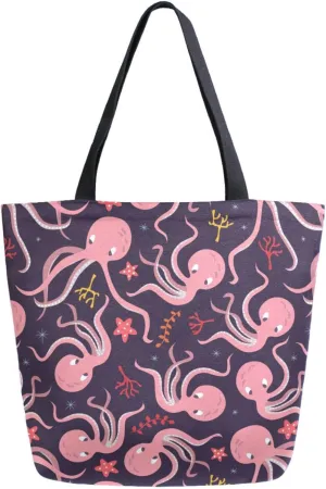 Trendy Extra Large Shoulder Grocery Tote Bag, Cartoon Sea Red Octopus Starfish Coral Canvas Daily Handle Bag for Gym Yoga Weekender Picnic Beach Travel Kitchen Reusable Market Shopping