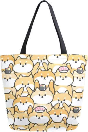 Trendy Extra Large Shoulder Grocery Tote Bag, Cartoon Shiba Inu Dogs Various Face Canvas Daily Handle Bag for Gym Yoga Weekender Picnic Beach Travel Kitchen Reusable Market Shopping