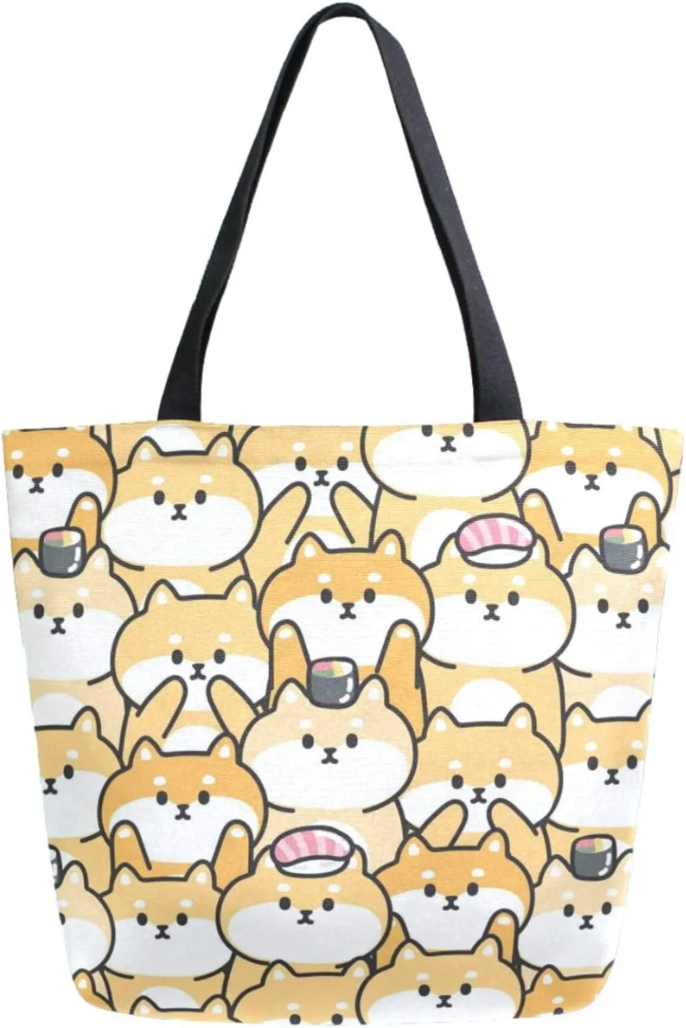 Trendy Extra Large Shoulder Grocery Tote Bag, Cartoon Shiba Inu Dogs Various Face Canvas Daily Handle Bag for Gym Yoga Weekender Picnic Beach Travel Kitchen Reusable Market Shopping