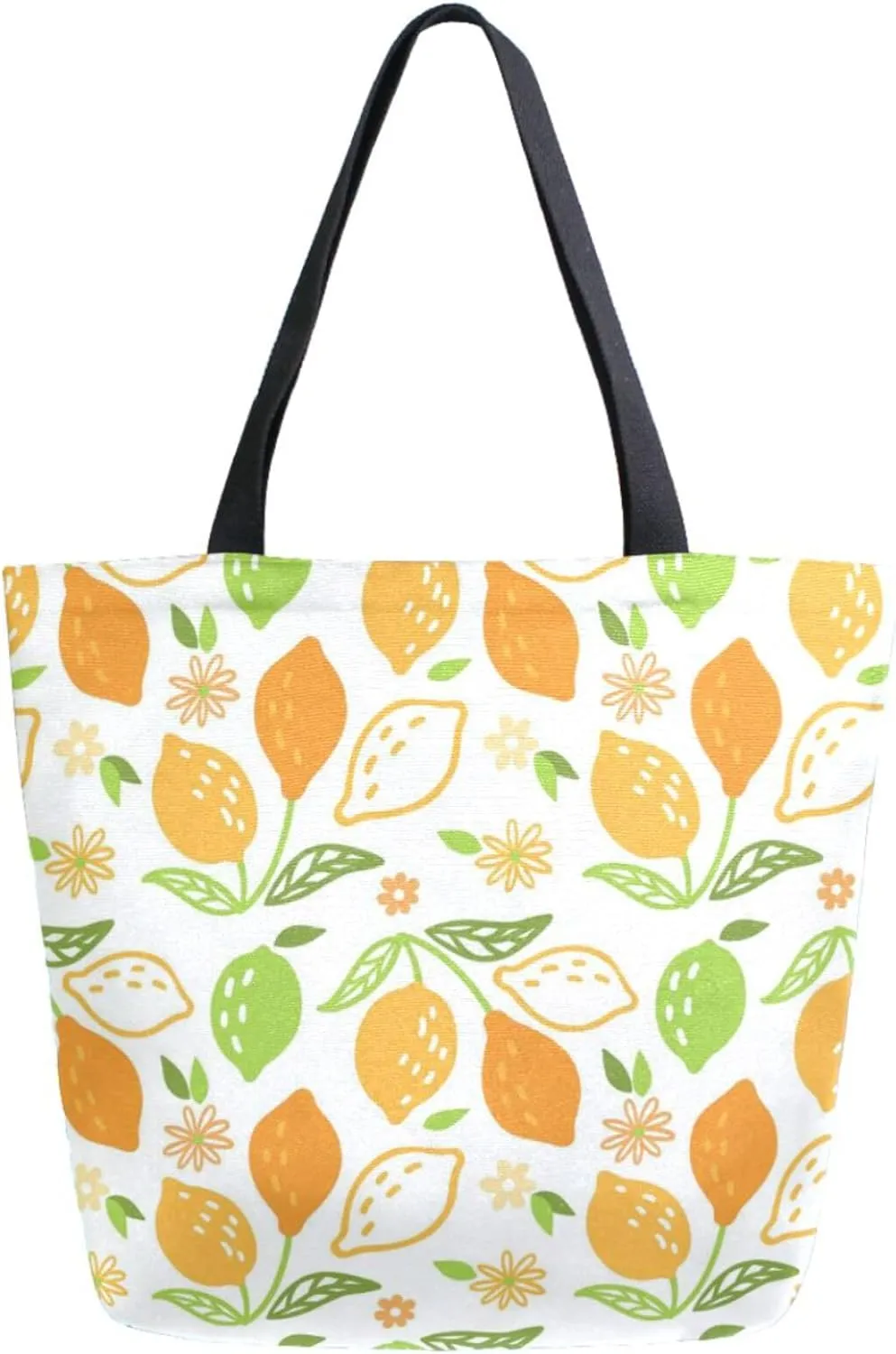 Trendy Extra Large Shoulder Grocery Tote Bag, Lovely Lemons Flwoers Leaves Canvas Daily Handle Bag for Gym Yoga Weekender Picnic Beach Travel Kitchen Reusable Market Shopping