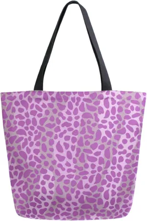 Trendy Extra Large Shoulder Grocery Tote Bag, Modern Tropical Leopard Dots Pink Canvas Daily Handle Bag for Gym Yoga Weekender Picnic Beach Travel Kitchen Reusable Market Shopping