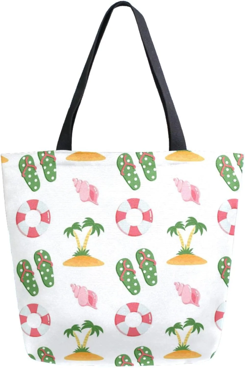 Trendy Extra Large Shoulder Grocery Tote Bag, Seashells Flip-flops Palm Conch Canvas Daily Handle Bag for Gym Yoga Weekender Picnic Beach Travel Kitchen Reusable Market Shopping