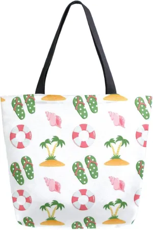 Trendy Extra Large Shoulder Grocery Tote Bag, Seashells Flip-flops Palm Conch Canvas Daily Handle Bag for Gym Yoga Weekender Picnic Beach Travel Kitchen Reusable Market Shopping