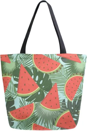 Trendy Extra Large Shoulder Grocery Tote Bag, Watermelon Tropical Leaves Green Summer Canvas Daily Handle Bag for Gym Yoga Weekender Picnic Beach Travel Kitchen Reusable Market Shopping