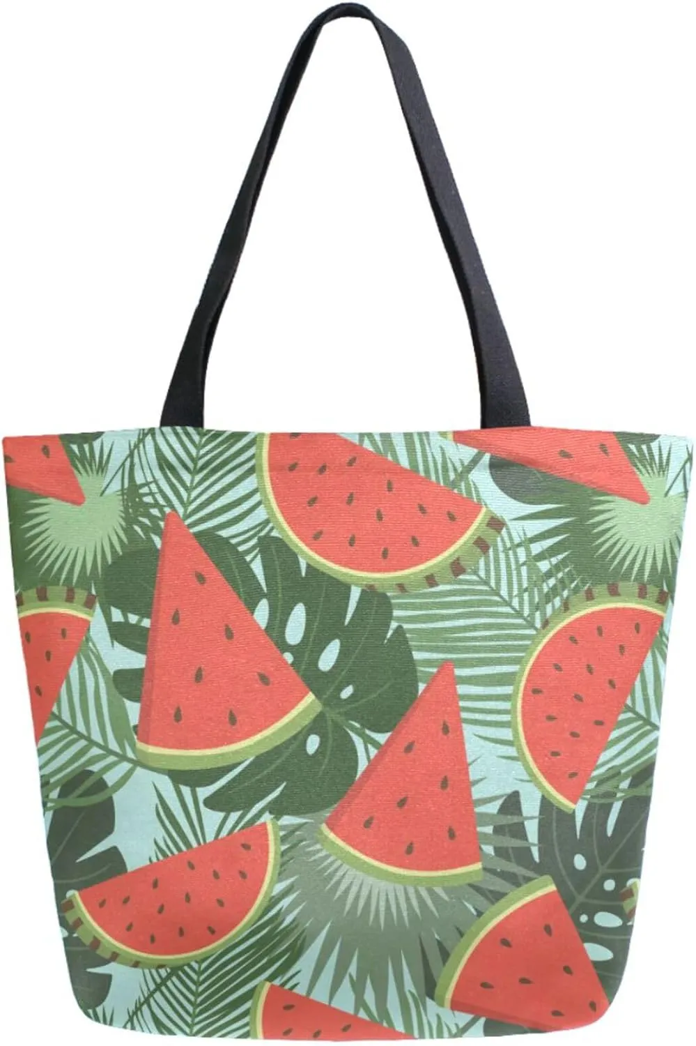 Trendy Extra Large Shoulder Grocery Tote Bag, Watermelon Tropical Leaves Green Summer Canvas Daily Handle Bag for Gym Yoga Weekender Picnic Beach Travel Kitchen Reusable Market Shopping