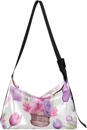 Tulips Watercolor Flower Tote Bag for Women Large Hobo Bags Leather Crossbody Bags Hobo Purse with Adjustable Strap for Women Men