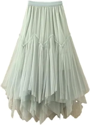 Tulle Long Skirt for Women Irregular Hem High Waist Pleated Mesh Midi Skirt Female