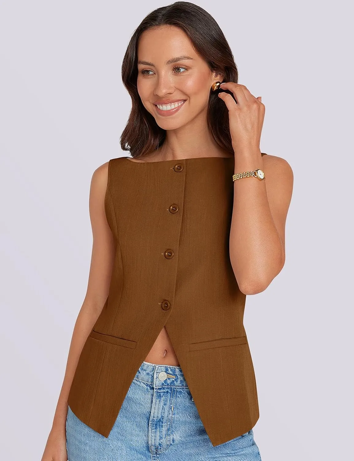 UEU Womens Vest Top 4 Button Sleeveless Boat Neck Fully Lined 2025 Trendy Dressy Business Work Blazer Suit Waistcoat