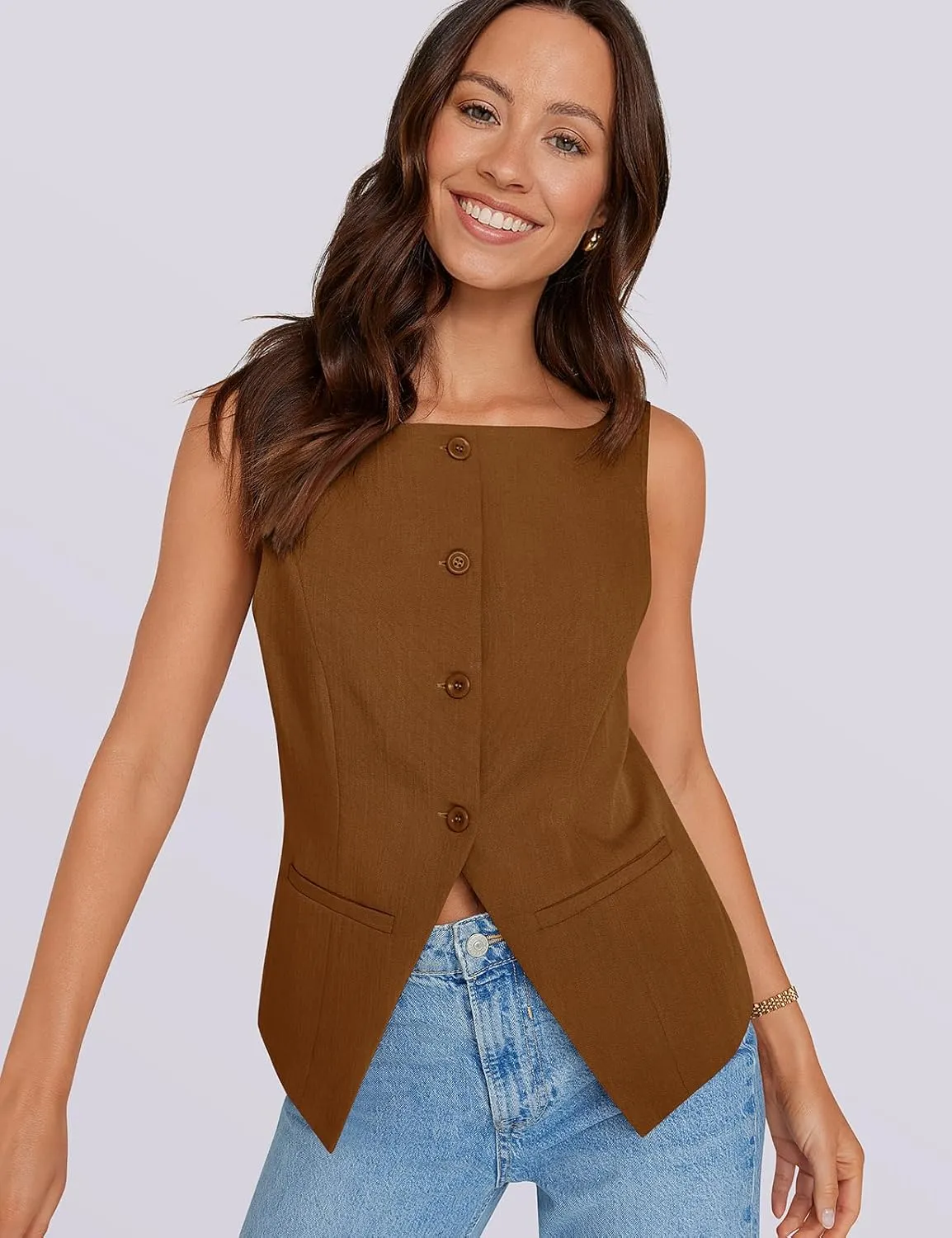 UEU Womens Vest Top 4 Button Sleeveless Boat Neck Fully Lined 2025 Trendy Dressy Business Work Blazer Suit Waistcoat