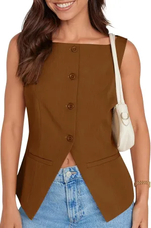 UEU Womens Vest Top 4 Button Sleeveless Boat Neck Fully Lined 2025 Trendy Dressy Business Work Blazer Suit Waistcoat