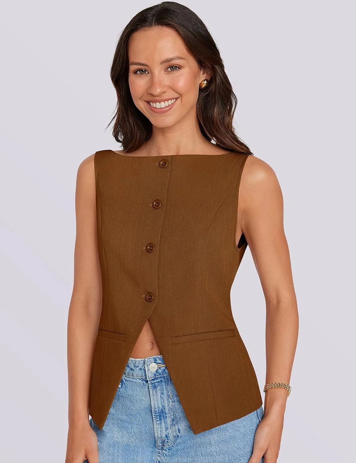 UEU Womens Vest Top 4 Button Sleeveless Boat Neck Fully Lined 2025 Trendy Dressy Business Work Blazer Suit Waistcoat