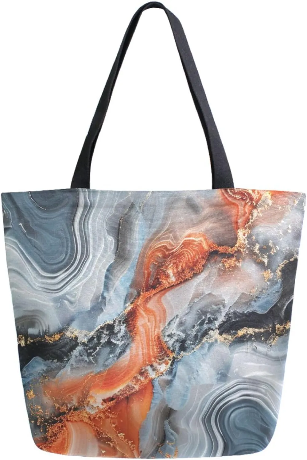 Vivid Pattern Extra Large Shoulder Grocery Tote Bag, Art Liquid White Marble Texture Canvas Daily Handle Bag for Gym Weekender Beach Travel Kitchen Reusable Market Shopping